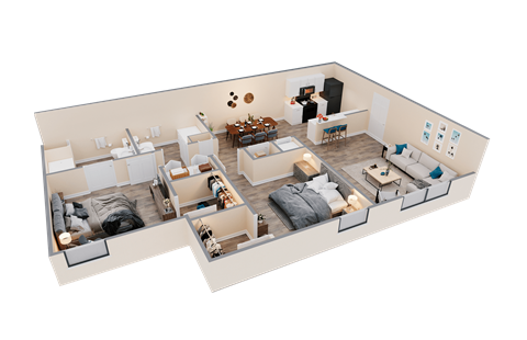 A 3D rendered image of a modern apartment layout.